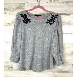 Adrienne Vittadini Women’s Large Gray Drop Shoulder Short Sleeve Lace Sweater